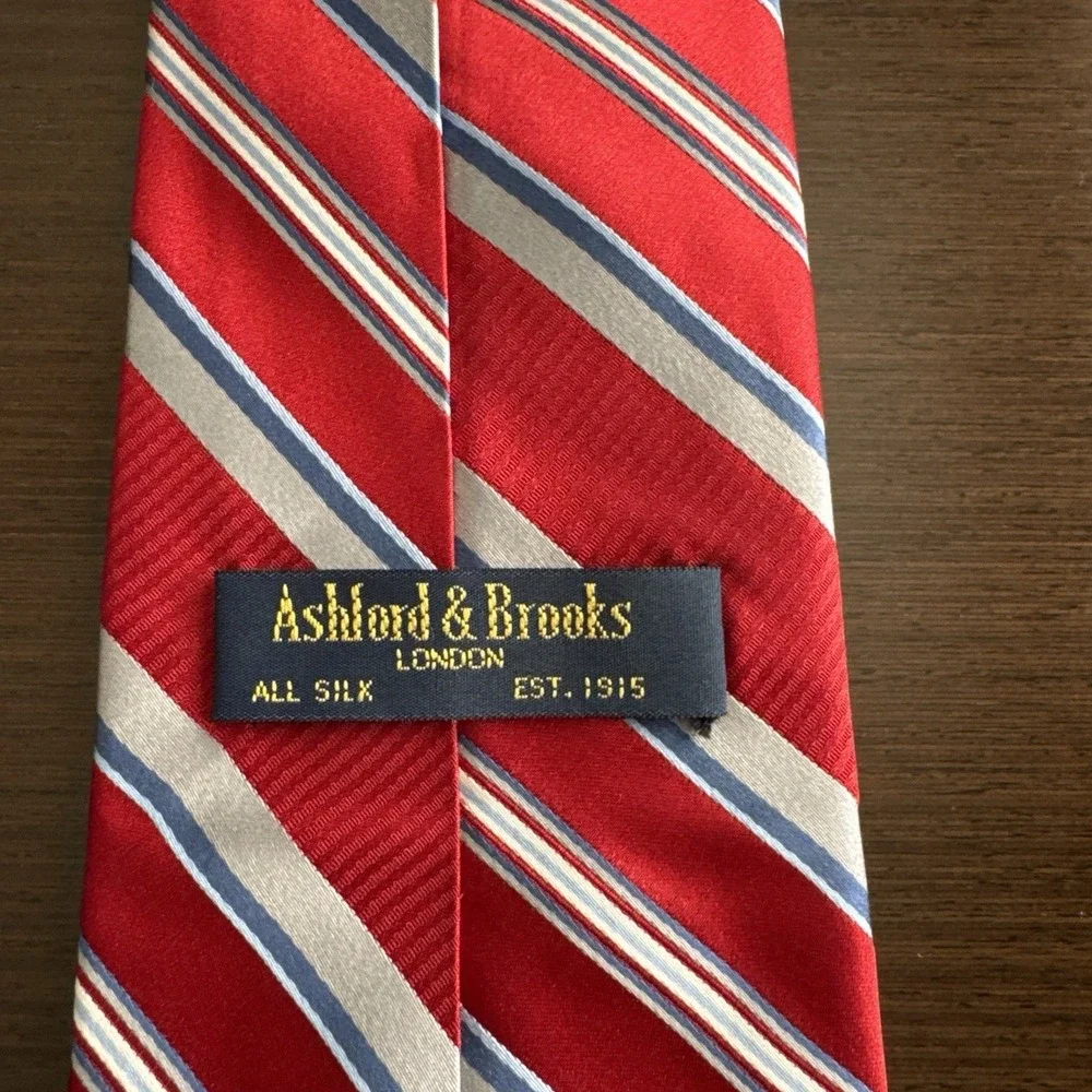 Ashford & Brooks London Handmade 100% Silk Tie Stripes Red /Blue Gray EUC